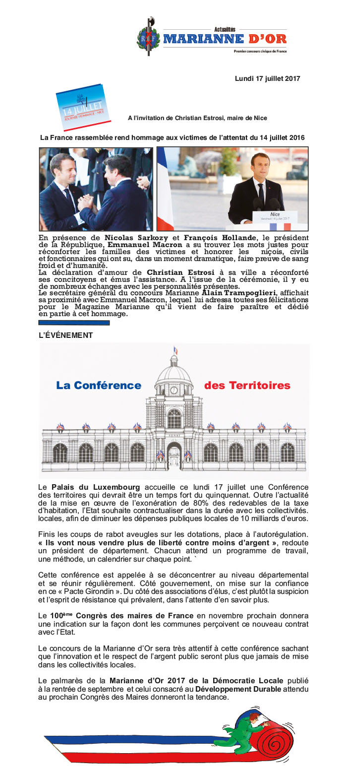 Marianne d'Or Magazine, 14 juillet 2017, a l'invitation de Christian Estrosi, maire de Nice, le France rassemblée rend hommage aux victimes de l'attentat du 14 juillet 2016